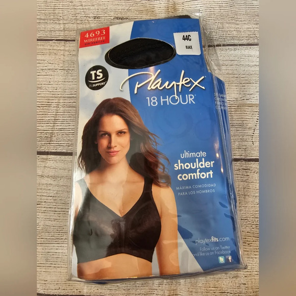 Playtex 18 Hour Bra 4693 Wire Free Size 44C Black 4 Way Support Shoulder Comfort - Picture 2 of 3